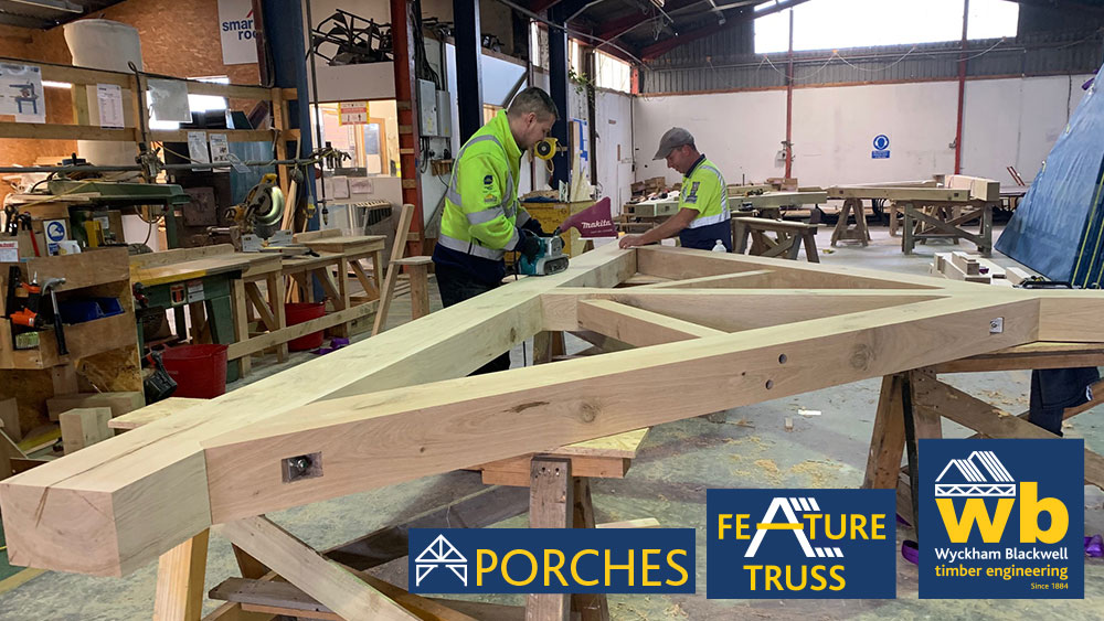 Four Bespoke Oak Kingpost Feature Trusses in final stages of machining and assembly this week for a Pub Renovation Project in Hertfordshire