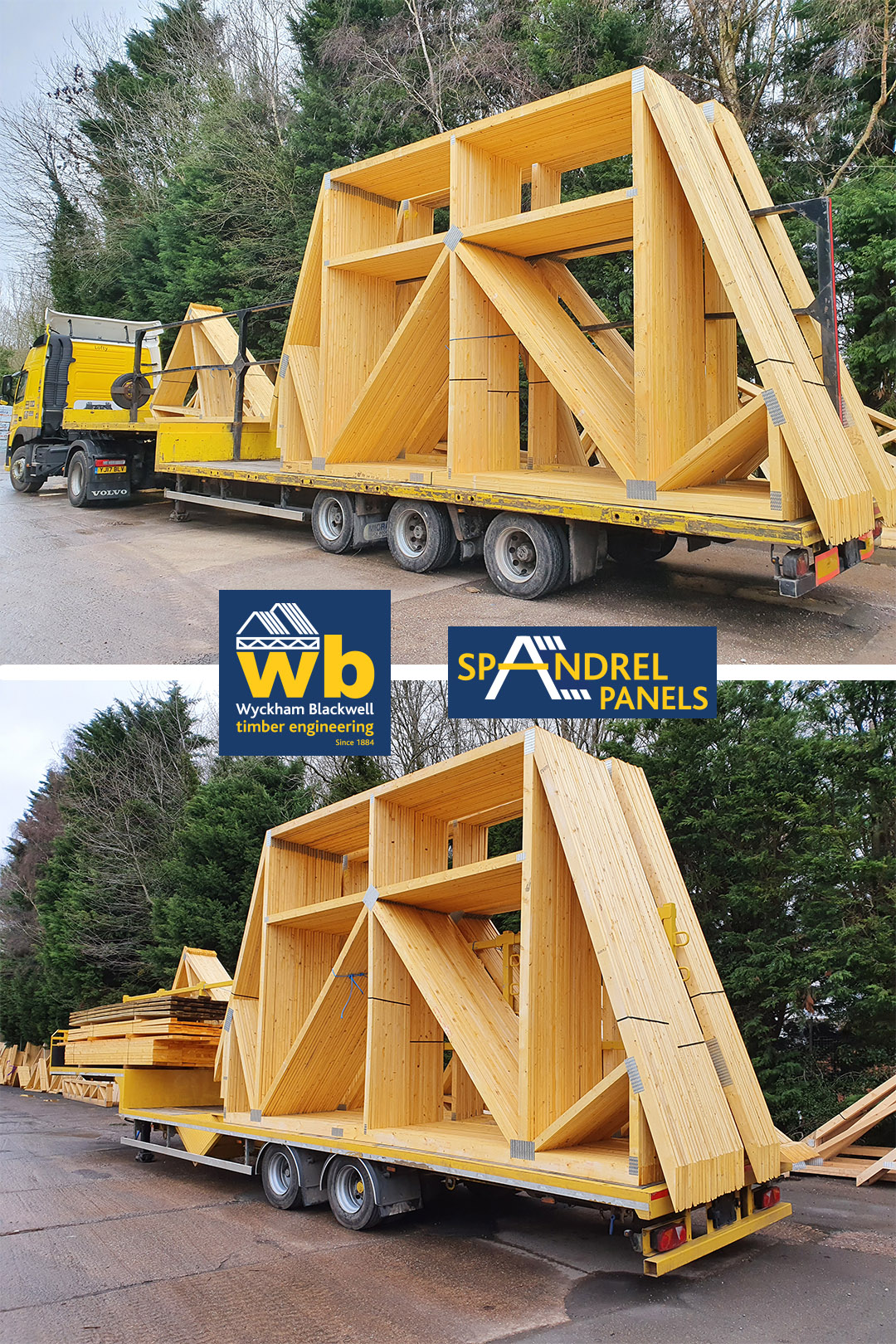 Full load recent delivery 100% On Time In Full of Asymmetric, Flat Top Duo Pitch Trusses