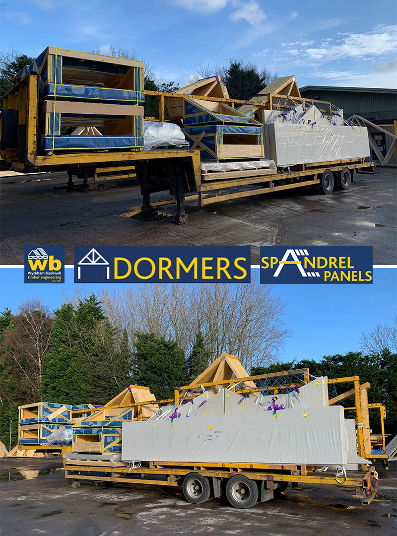 Mono and Duo Pitch Raised Tie Trussed Roof with Spandrel Panels and Prefabricated Dormer Carcasses ready for delivery