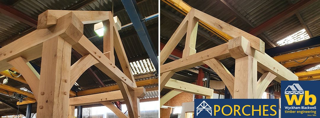 Large Bespoke Oak Frame Feature Porch all check assembled after manufacture at Wyckham Blackwell this week