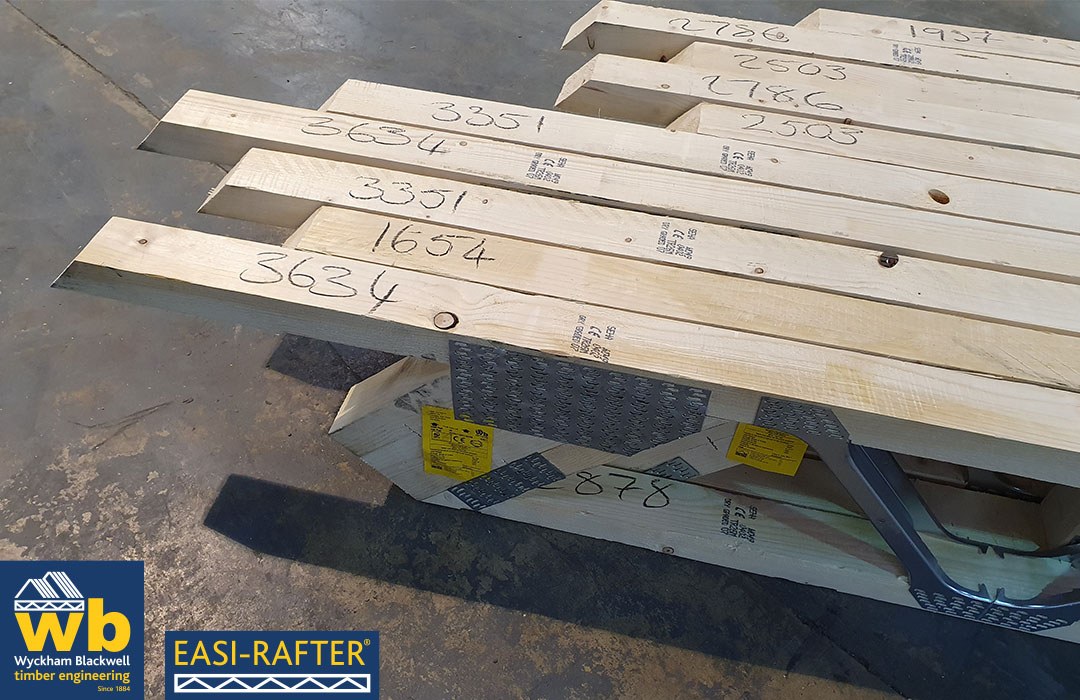 Easi Rafters all cut with angled block ends for quick installation of steep pitch Hip End Roof
