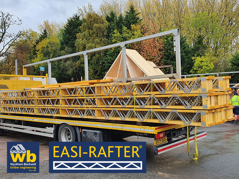 Full load of 11m Span , 300mm Deep Metal Web Easi-Rafters being loaded for a new Primary School roof in Druids Heath, West Midlands
