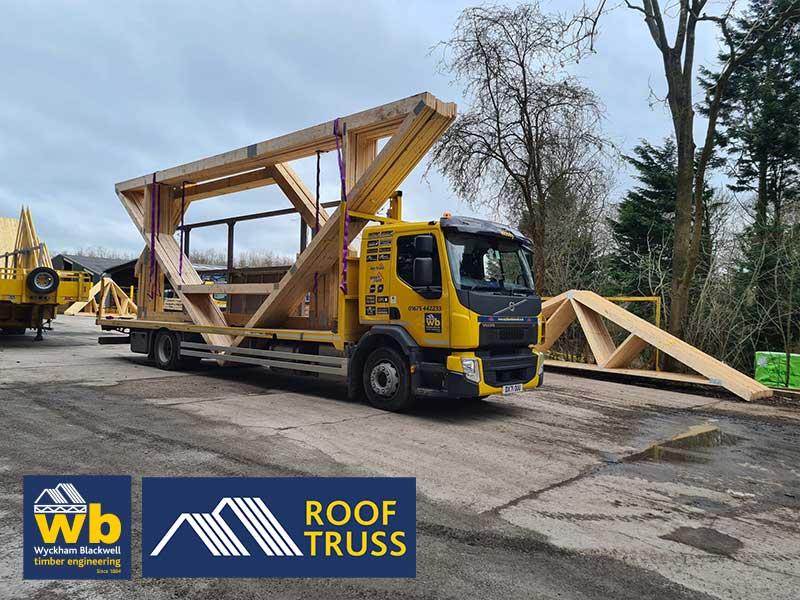 High Roofline Attic Trusses inverted for loading and transport to maximise roof height as a one piece Roof Truss for a New Build Project in Oldbury
