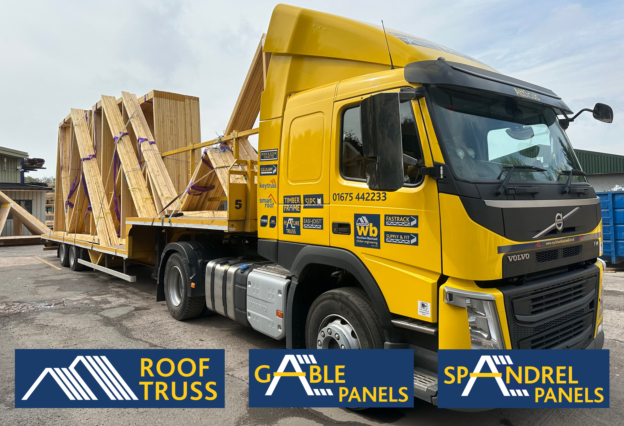 Full Load of Two Tier Trusses for a Three Storey New Apartment Block in Reading with Spandrel Panels and Gable Panels all loaded and pre-slung for crane unload, ready for delivery this week 100% On Time In Full