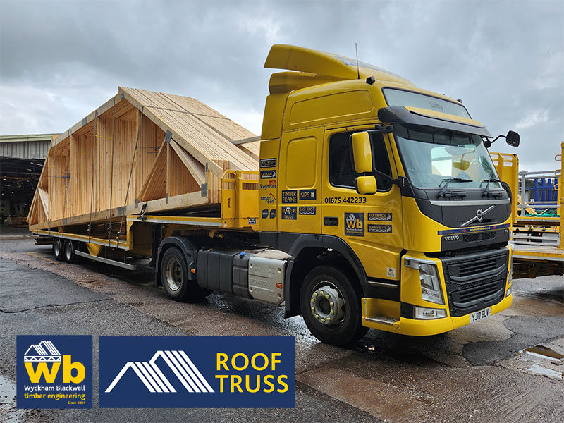 15m Top Hat Attic Trusses with sacrificial studs for stability during manufacture, transport and unloading ready for delivery 100% On Time In Full this week for a new Care Rehabilitation Development in Smethwick