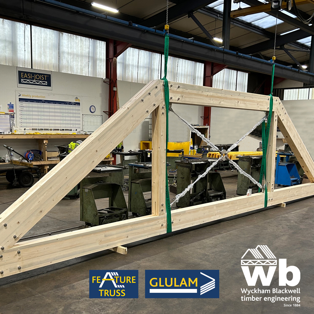 Two 9m span, 100mm x 225mm Glulam Feature Trusses engineered with hidden stainless steel plates and bolts with stainless steel four point tension rods manufactured and delivered this week at Wyckham Blackwell.
