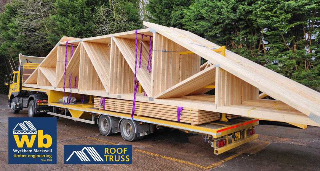 Full load of 16m Long Span Top Hat Trusses in the process of being loaded in our yard, prior to delivery to Rutland; On Time in Full