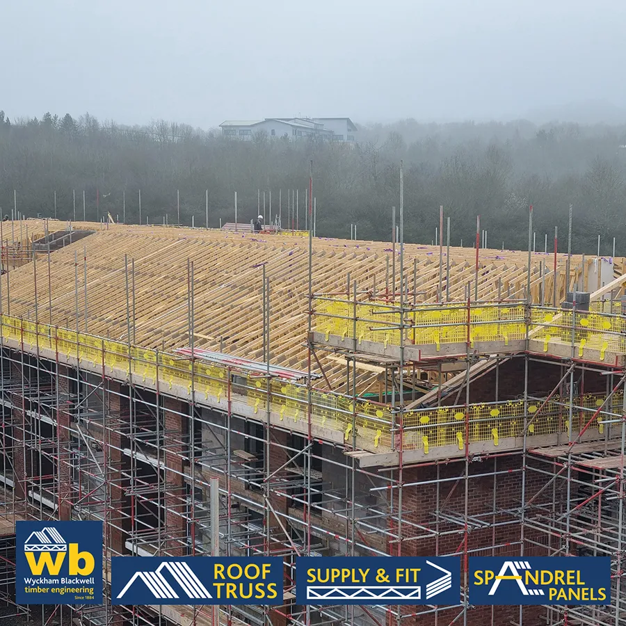 Installation of First Two of Four Roofs for new Care Home Apartments in Telford all on schedule, encompassing 1400 Flat Top Mono Trusses with Sentry Box Trusses over Corridors and 400 Fermacell Firebreak Spandrel Panels, with all flat roof Dormers and Parapets pre-built into the Truss design to assist installation speed.