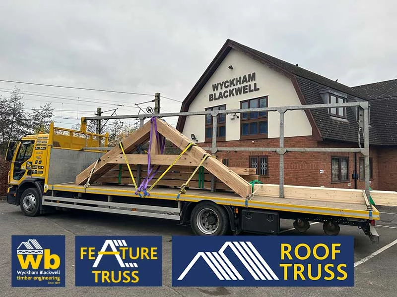 Oak Raised Tie Large Section 300mm x 200mm Feature Trusses with bolted engineered joints and hidden steel plates all manufactured and loaded ready for delivery this week 100% On Time In Full for a Grand Designs style barn conversion project.