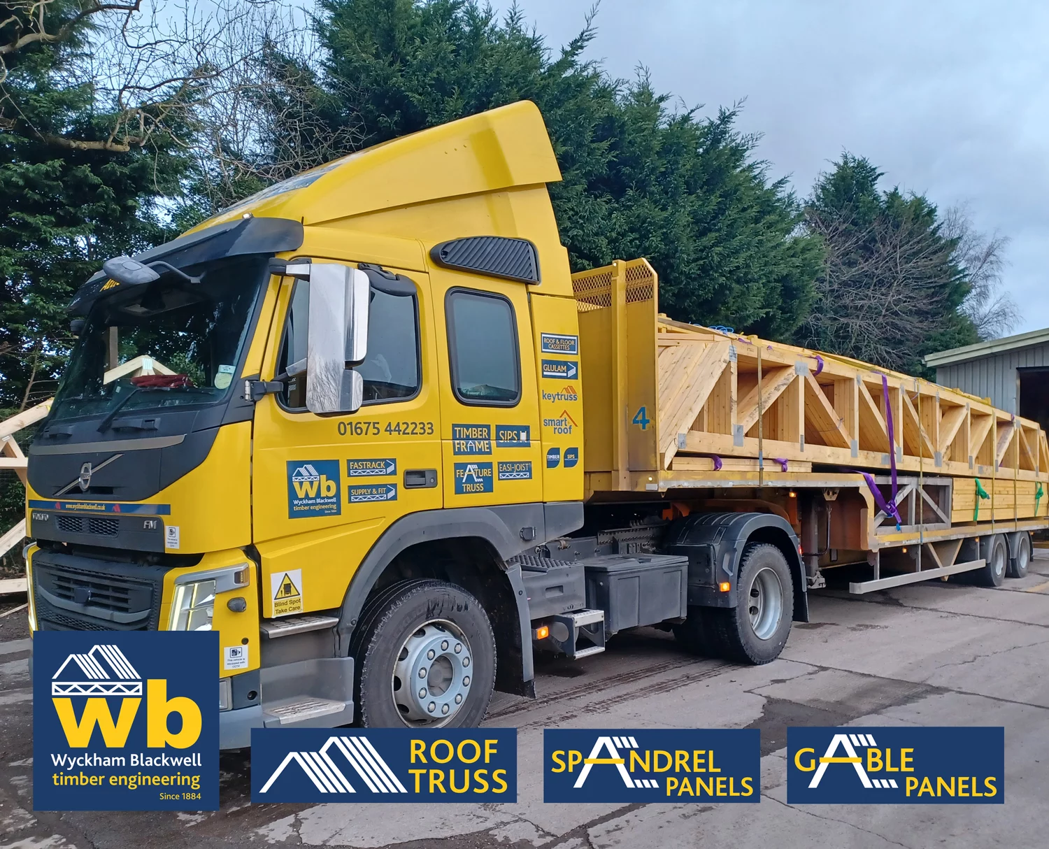Full Load of 15m Long Span, Flat Top Trusses to create a Mansard Roof with Duo Pitch Perimeter Trusses forming the external walls. All delivered this week, 100% On Time In Full, for a new Care Home Project in Oadby, Leicestershire.