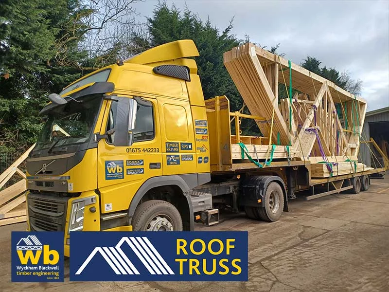 Full load of Attic Trusses all loaded for delivery and inverted to maximise roof height in one piece for a redevelopment project in Sutton Coldfield.