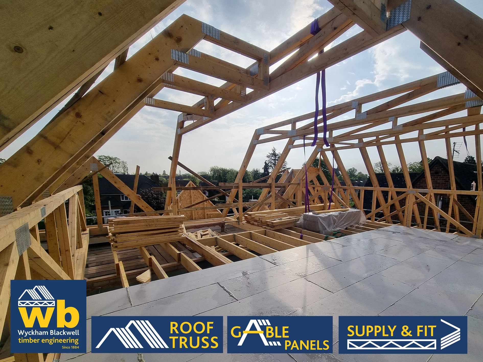 Installation of 10m Span Dual Pitch Flat Top Attic Trusses and flooring all on schedule for a redevelopment of a residential property in Dorridge.