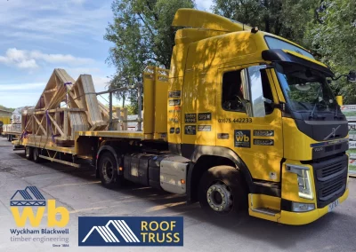 Roof trusses on back of flat bed lorry