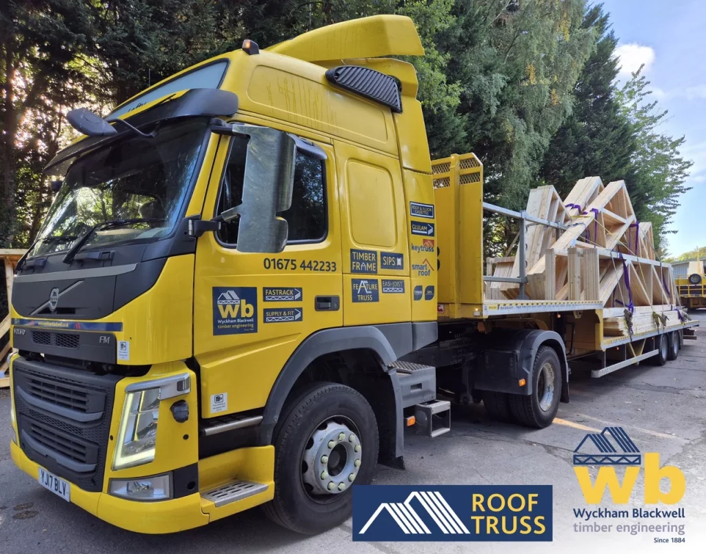 Roof trusses on back of flat bed lorry