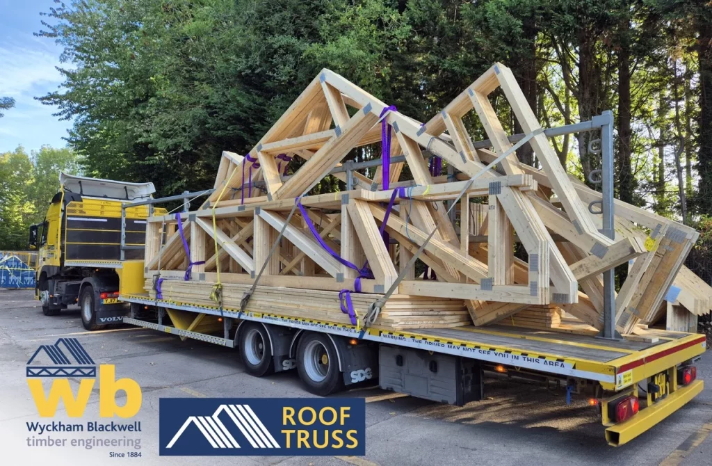 Roof trusses on back of flat bed lorry