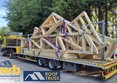 Roof trusses on back of flat bed lorry