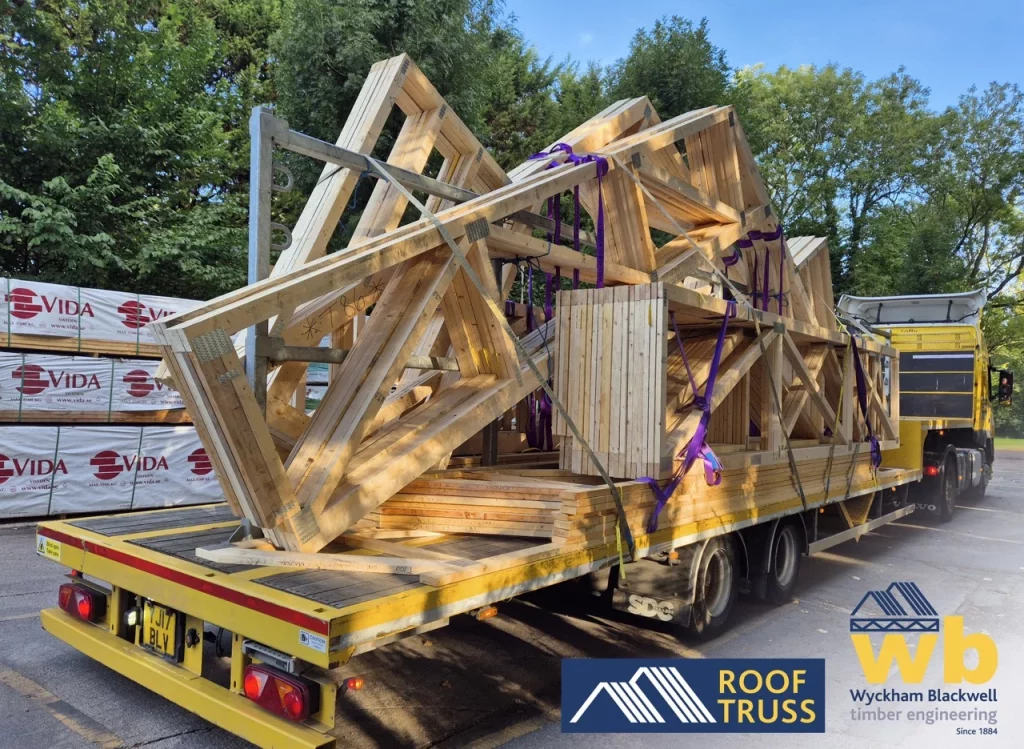 Roof trusses on back of flat bed lorry