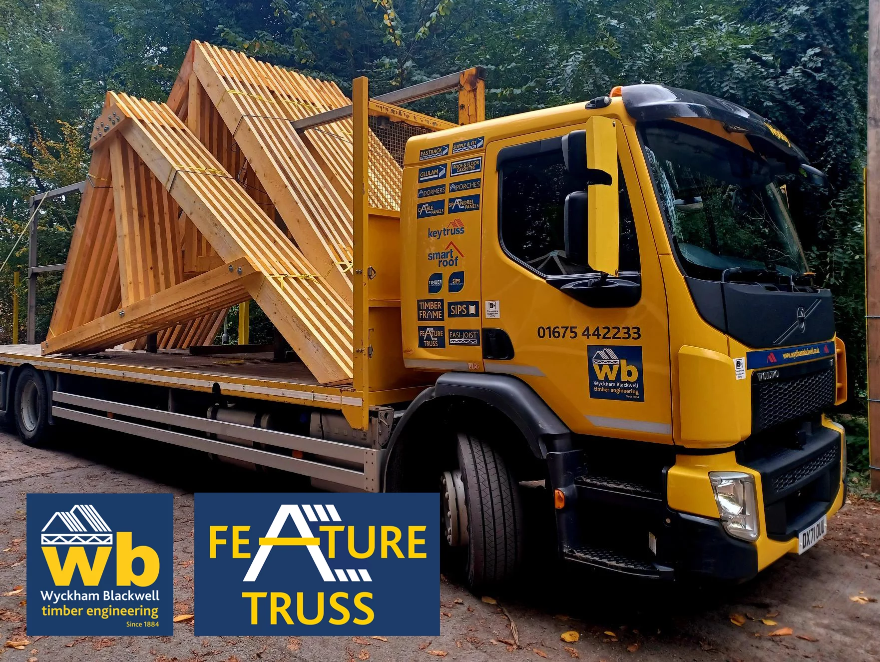 Full Load of bolted whitewood Feature Trusses with pre-cut slot for ridge beam to match in with existing, for the refurbishment of a heritage property in Taunton, all delivered 100% On Time In Full.