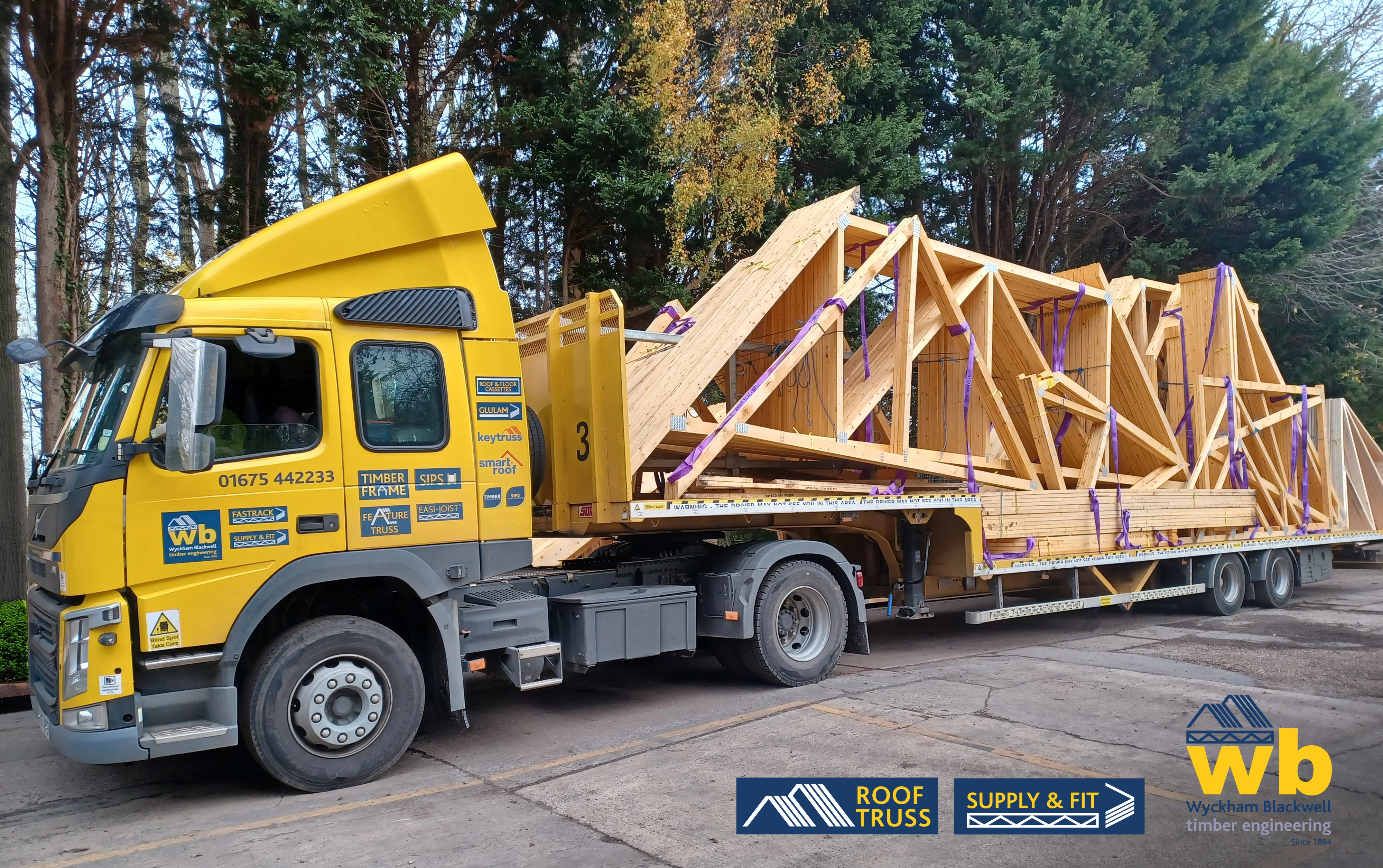 Two full loads of two tier, Top Hat Roof Trusses for a Care Village Roof in Bedford being loaded, ready for delivery, 100% On Time In Full.