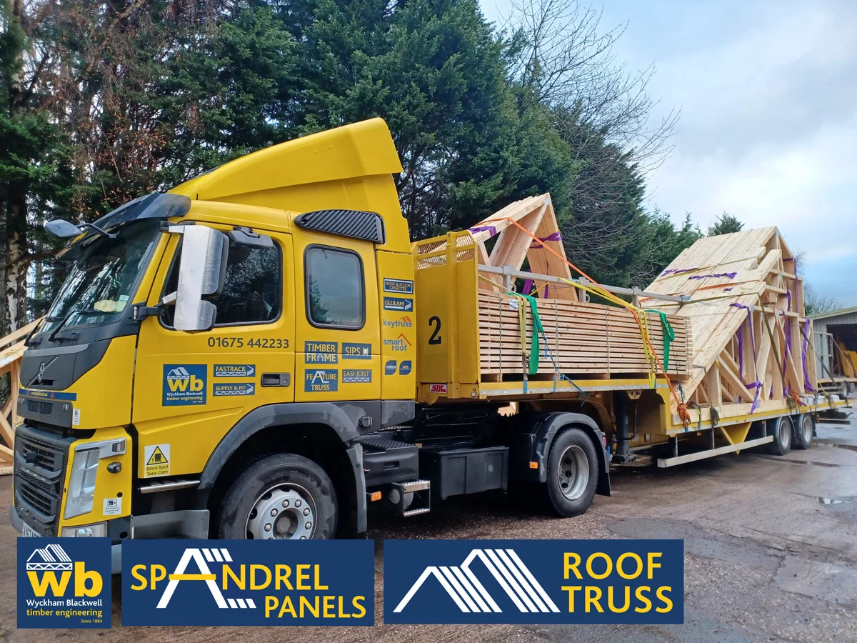 Two full loads of 8m back to back Mono Trusses with a built in walkway for M&E access together with Spandrel Panels for a complete roof package being loaded all pre slung for crane unloading ready for delivery 100% On Time In Full for a new care home in Halifax