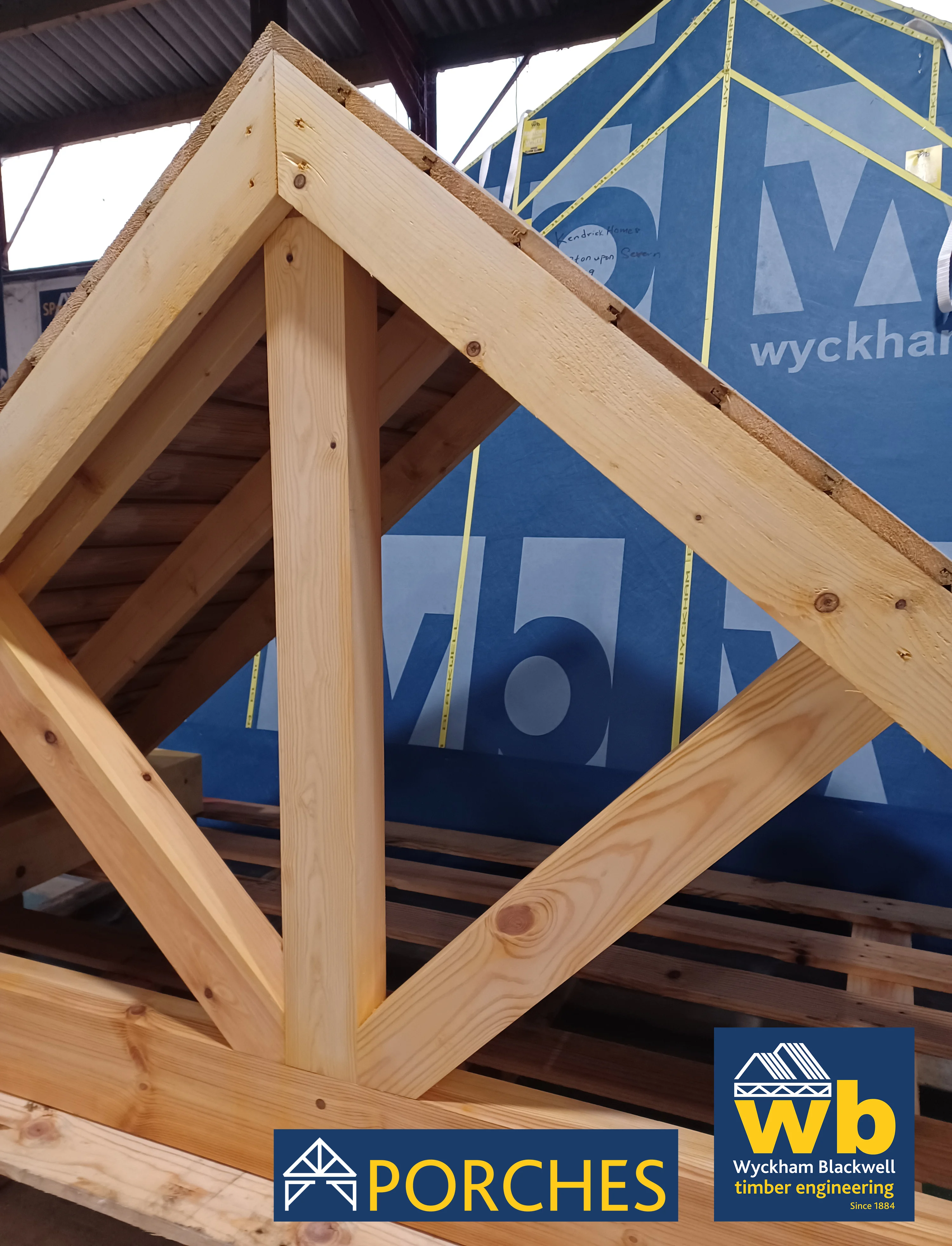 Bespoke stubbed-end prefabricated softwood Timber Porches to accommodate stepped front walls, manufactured ready for delivery, 100% On Time in Full this week.