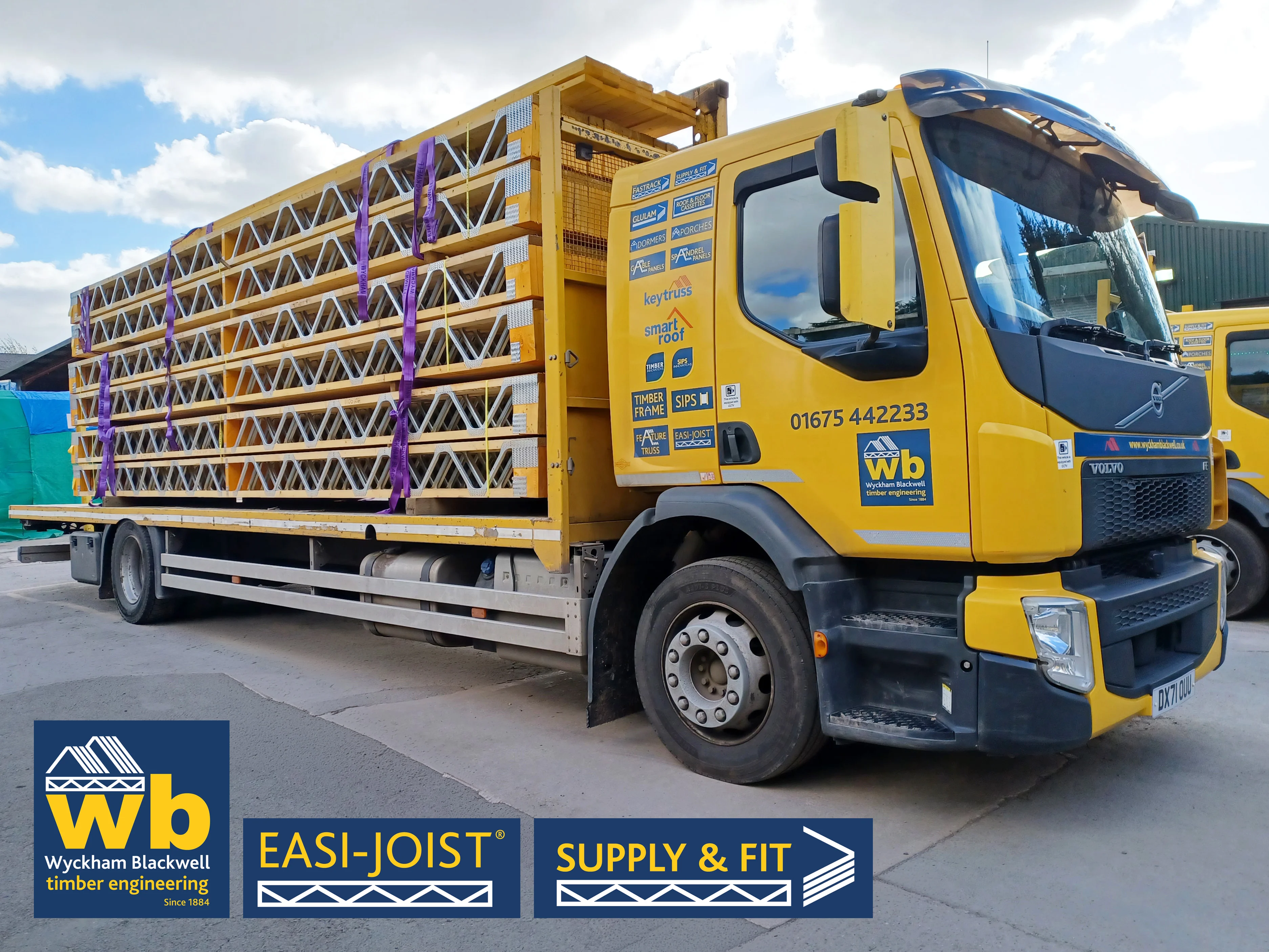Full load of 8m span 304mm Easi-Joist metal web joists, being loaded for delivery 100% On Time In Full for a flat roof on a new Care Home in Brierley Hill, all installed with pitched web posts to create a 1.5 degree fall. 